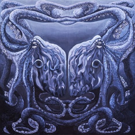 Zwei spiegelbildlich angeordnete oktopenartige Kreaturen mit verschlungenen Tentakeln in bläulichen Farbtönen.