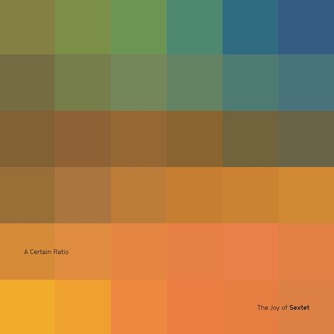 Text links: "A Certain Ratio". Text rechts: "The Joy of Sextet". Farbige quadratische Muster in Grüntönen oben, Orangetöne unten.