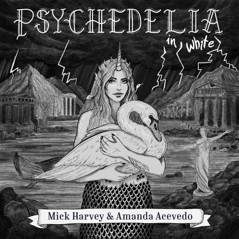 „Psychedelia in White“; Frau mit Schwan, antike Tempel, Gewitterhimmel, Künstler: Mick Harvey & Amanda Acevedo.