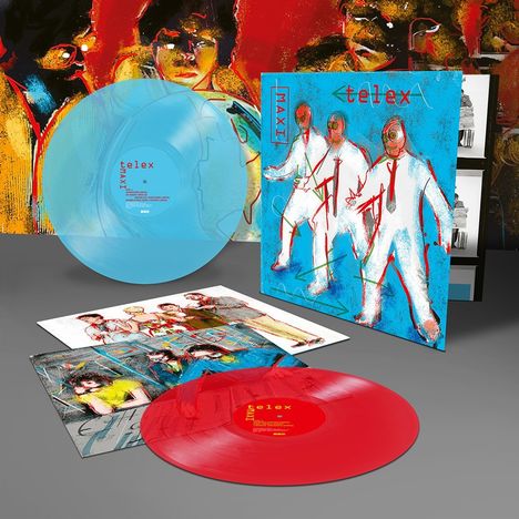 "Maxi", "telex" auf blauer und roter Vinylplatte. Künstlerische Illustrationen mit bunten, abstrakten Figuren im Hintergrund.