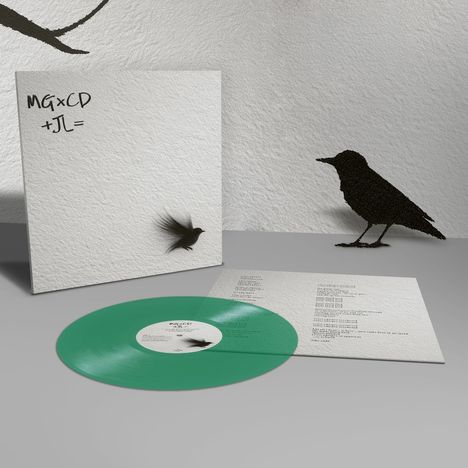 MG x CD + JL =. Illustration mit einem fliegenden Vogel, einer grünen Schallplatte und einem schwarzen Vogel im Hintergrund.