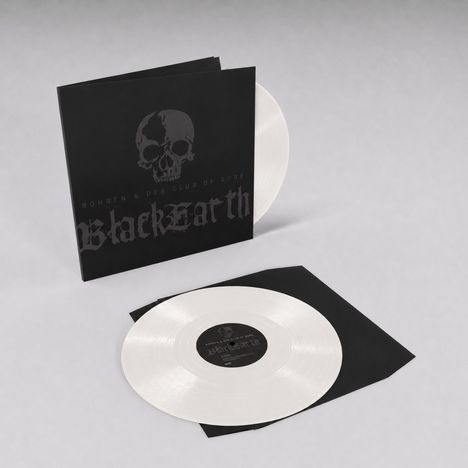 Schwarzes Cover mit Totenkopf, "Bohren & Der Club of Gore", "Black Earth". Weiße Vinyl-Schallplatte ist teilweise sichtbar.