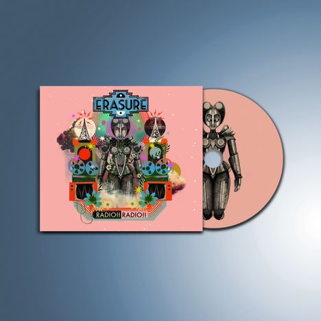 Text: "ERASURE" oben, "RADIO!! RADIO!!" unten. Illustration: Roboter mit Blumen, Kreisen und bunten Mustern. Rosa Hintergrund.