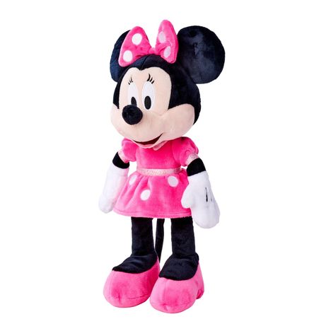 Ein Plüschtier, das eine bekannte Disney-Maus darstellt, trägt ein rosa Kleid mit weißen Punkten und eine passende Schleife.