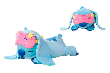 Ein blaues Plüschtier mit langen Ohren und rosa Schlafmaske mit gelben Sternen, liegend und sitzend abgebildet.