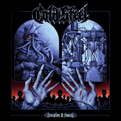 „Cold Steel“ oben, „Discipline & Punish“ unten. Die Illustration zeigt düstere, futuristische Figuren und Maschinen.