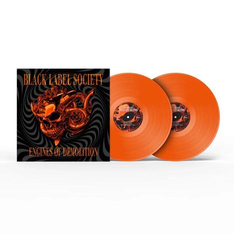 Text: "BLACK LABEL SOCIETY ENGINES OF DEMOLITION". Zwei orangefarbene Schallplatten und ein Cover mit Totenkopf.