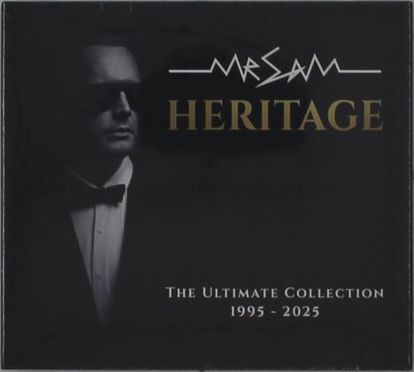 „Mr Sam Heritage: The Ultimate Collection 1995-2025“. Schwarzer Hintergrund, Mann mit Sonnenbrille im Anzug.