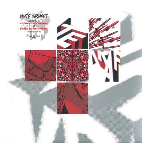 Oben links: „Nate Kraft“. Illustration mit sechs quadratischen Bereichen, rot-schwarz geometrisch gemustert.