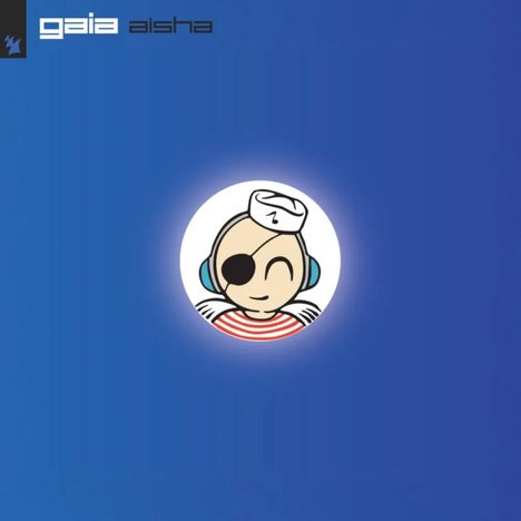 oben "gaia aisha", Illustration eines lächelnden Seemanns mit Augenklappe und Kopfhörern in blauem Hintergrund.