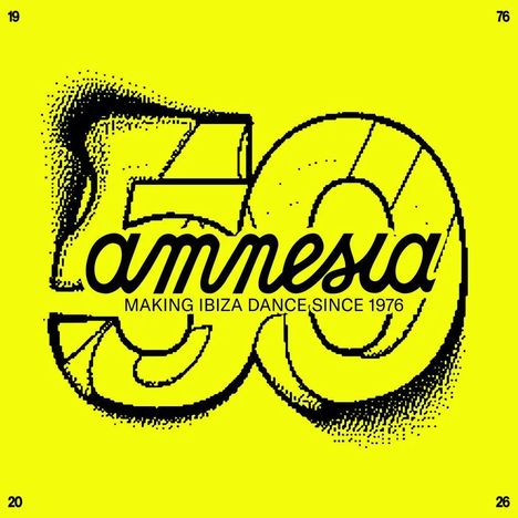 "amnesia: MAKING IBIZA DANCE SINCE 1976." Große "50" im Hintergrund auf gelbem Grund, schwarz-weiße Schatteneffekte.