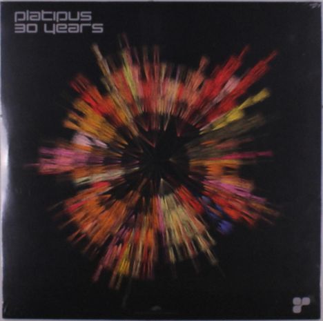 Text: "platipus 30 years". Illustration: Bunte Explosion von Linien und Farben auf schwarzem Hintergrund, unten rechts ein Logo.