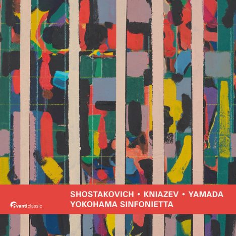 Avantgarde Illustration mit "SHOSTAKOVICH KNIAZEV YAMADA YOKOHAMA SINFONIETTA" auf rotem Streifen, abstrakte Muster.