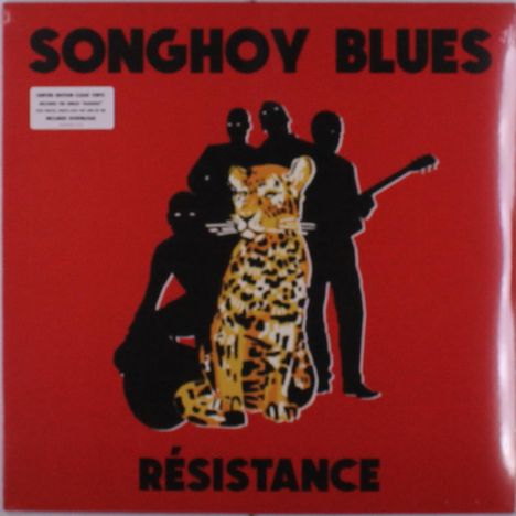 "SONGHOY BLUES" und "RÉSISTANCE" in schwarzem Text auf rotem Hintergrund. Schwarze Silhouetten mit einer Leopardenillustration.