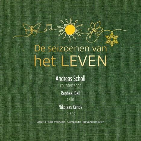 „De seizoenen van het LEVEN“, Andreas Scholl, Raphael Bell, Nikolaas Kende. Grüner Hintergrund mit goldenen Symbolen.