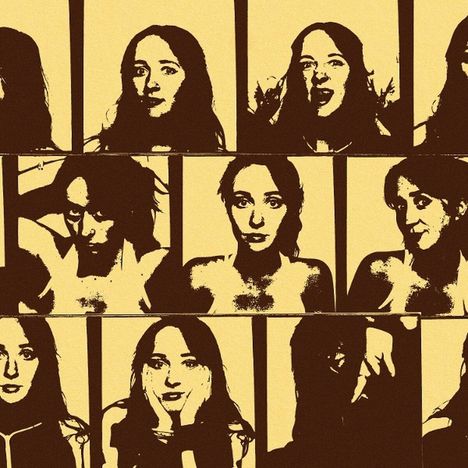 Mehrere Porträtillustrationen einer Frau in verschiedenen Posen, sepiafarben auf beigem Hintergrund.