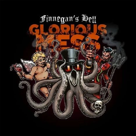 "Finnegan's Hell Glorious Mess" steht auf einem verspielten, dunklen Hintergrund mit einem Oktopus mit Zylinder, Engel und Teufel.