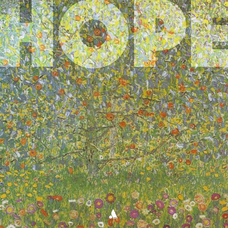 Text: "HOPE". Illustration eines blühenden Gartens mit vielen farbigen Blumen in lebendigen Tönen.