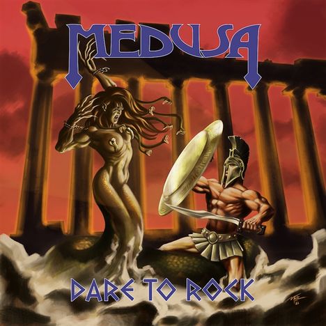 "MEDUSA" und "DARE TO ROCK" in blauem Text. Illustrative Szene: Medusa kämpft gegen einen antiken Krieger. Im Hintergrund sind Tempelsäulen.