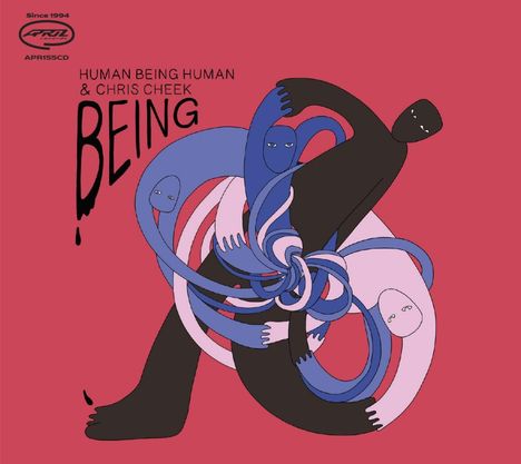 "Human Being Human & Chris Cheek BEING". Illustration mit verschlungenen Figuren auf rotem Hintergrund.