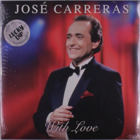 "José Carreras" und "With Love" stehen auf einem Albumcover. Ein Mann im Anzug lächelt, roter Vorhang im Hintergrund.