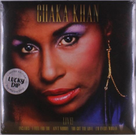 Oben steht "CHAKA KHAN". Unten Lieder: "I Feel for You", "Ain't Nobody", "You Got the Love", "I'm Every Woman". Nahaufnahme eines Gesichts.
