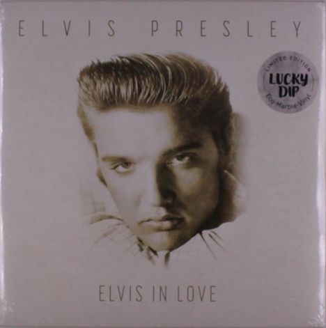 "ELVIS PRESLEY" oben, "ELVIS IN LOVE" unten. Schwarz-Weiß-Bild von jungem Mann mittig. "Limited Edition" Sticker rechts.