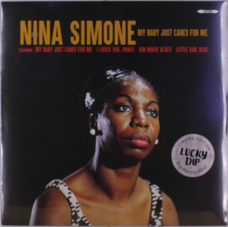„Nina Simone, My Baby Just Cares For Me.“ Sticker: „Limited Edition Lucky Dip Eco-Marbled Vinyl.“ Eine Frau schaut ernst.