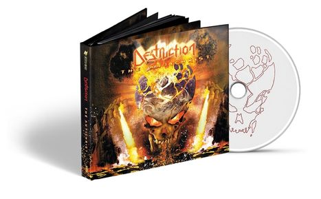 „Destruction The Antichrist“, mit brennendem Schädel und Explosionen auf einem CD-Cover und passender CD daneben.