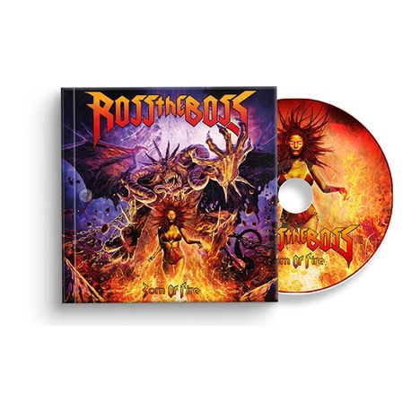 "Ross the Boss" und "Born of Fire". Ein CD-Cover und eine CD mit einem feuerspeienden Monster und einer Frau in Flammen.