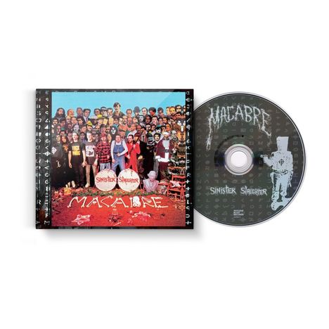 "Sinister Slaughter" und "Macabre" auf CD-Cover und CD. Abbildung: Viele Menschen in bunter Kleidung auf rotem Hintergrund.