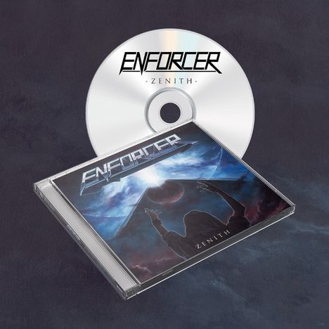 "ENFORCER - ZENITH" steht auf CD und Hülle. Cover zeigt Person mit erhobenen Armen vor kosmischem Hintergrund.