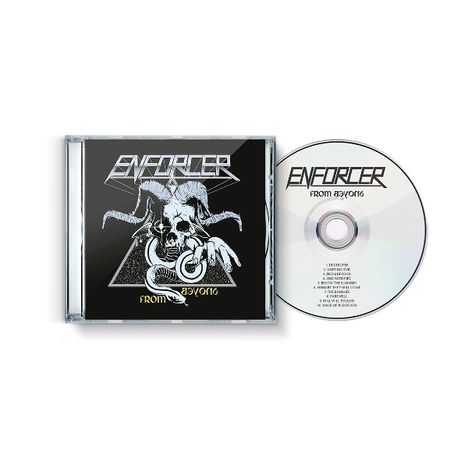 CD-Hülle mit „ENFORCER“ und „FROM BEYOND“. Kopf mit Hörnern und Schlangen. CD daneben mit Titeln in schwarzer Schrift.