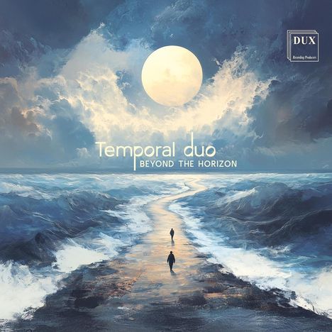„Temporal duo, BEYOND THE HORIZON“ vor einem surrealen Weg zwischen stürmischen Meeren und einem großen Vollmond.