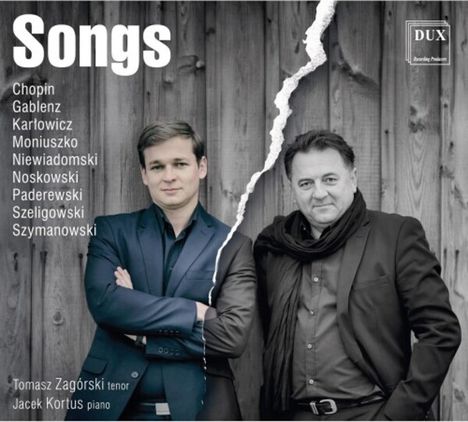 "Songs" mit Komponistennamen, zwei Männer nebeneinander, einer im Anzug, einer in Mantel und Schal. DUX Logo oben rechts.