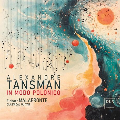"Alexandre Tansman: In Modo Polonico. Finbarr Malafronte. Classical Guitar. Illustration eines wirbelnden, farbigen Musters."