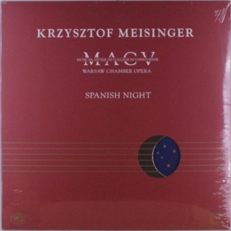 Text: KRZYSZTOF MEISINGER, MACV, WARSAW CHAMBER OPERA, SPANISH NIGHT. Roter Hintergrund mit kreisförmigem Design.