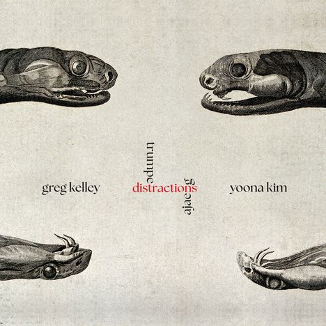„greg kelley“ und „yoona kim“ mit „distractions“ in der Mitte, von Schlangen umrundet. Illustration mit antikem Stil.