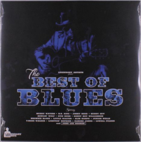 "The Best of Blues" in großen Buchstaben. Illustration eines Musikers mit Gitarre im Hintergrund. Liste von Blues-Künstlern.
