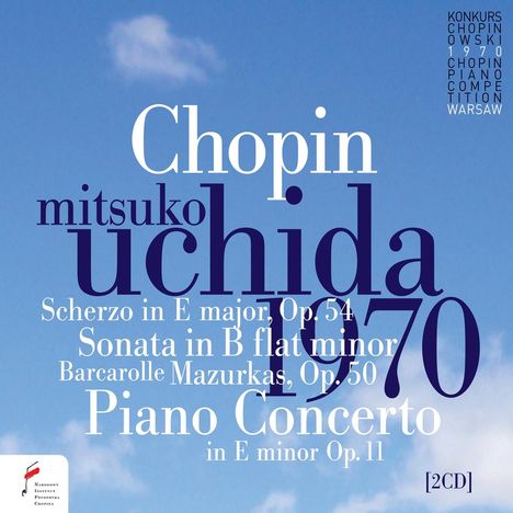 Auf blauem Hintergrund steht in großen Buchstaben: "Chopin, mitsuko uchida, 1970". Werke wie "Scherzo" und "Piano Concerto".