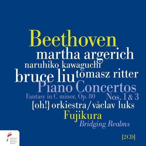 Beethoven, martha argerich, naruhiko kawaguchi, bruce liu, Piano Concertos. Blauer Hintergrund.