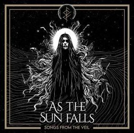 "AS THE SUN FALLS", "SONGS FROM THE VEIL". Illustration: Dunkle Gestalt mit fließenden Haaren vor leuchtendem Hintergrund.