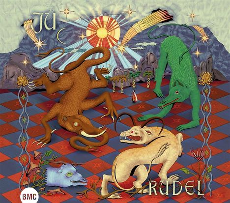 "JÜ" und "RUDEL" stehen oben rechts. Fantasievolle Tiere auf buntem Schachbrettmuster, strahlende Sonne im Hintergrund.