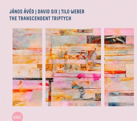 Text: "JÁNOS ÁVÉD | DAVID SIX | TILO WEBER THE TRANSCENDENT TRIPTYCH."  
Illustration eines bunten Triptychons in sanften Pastelltönen.