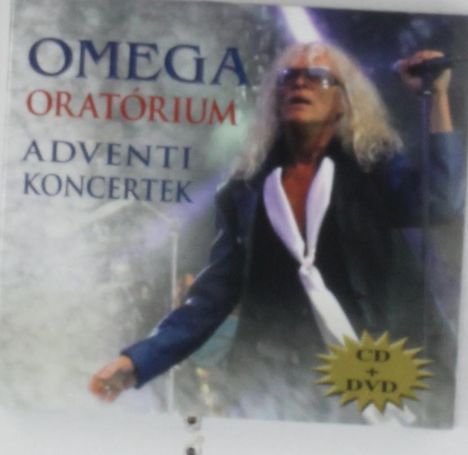 "OMEGA ORATÓRIUM ADVENTI KONCERTEK" in blauen und roten Buchstaben, ein Sänger mit Mikrofon, CD + DVD.