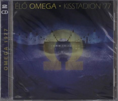 ÉLŐ OMEGA · KISSTADION '77. OMEGA 1977. Dunkelblaues Cover mit großem, gelbem Omega-Symbol.