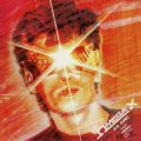 Text: "MEGA X" und "DC Comis", Illustration: Eine Person mit strahlenden Augen, Hintergrund in Rot und Orange gehalten.