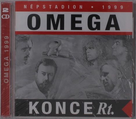 "NÉPSTADION 1999 OMEGA KONCERT." Fünf Porträts von Männern auf einem grauen Hintergrund.
