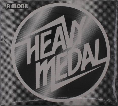 Text: "P. Mobil" und "HEAVY MEDAL" in einem grafischen Schwarz-Weiß-Design mit Kreis- und Linienmotiv.