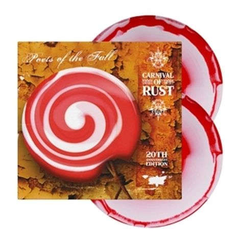 "Poets of the Fall", "Carnival of Rust", "20th Anniversary Edition." Ein rot-weißer, spiralförmiger Lolli auf braunem Hintergrund.